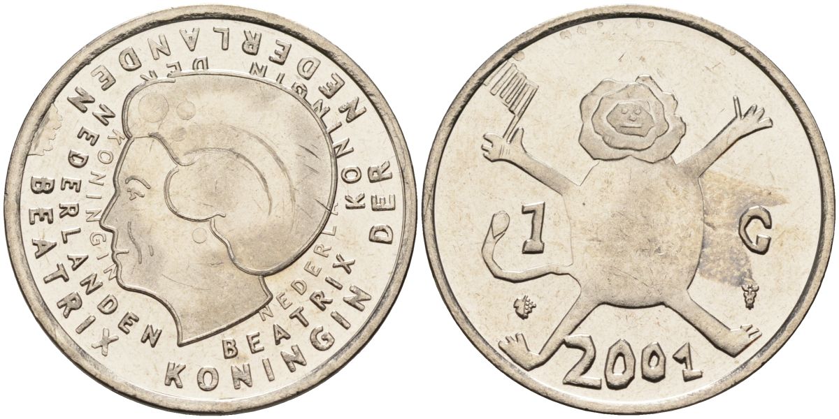 Нидерланды 1 гульден 2001 прощай гульден, детский рисунок, лев с флагом в руках KM 233 никель UNC 4116-117