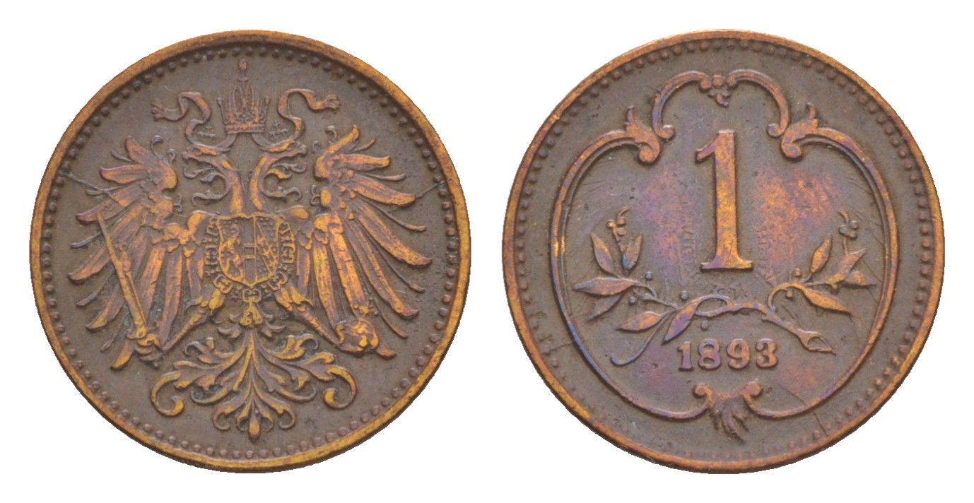 Австрия 1 геллер 1893 Франц Иосиф I (1848-1916) KM 2800 бронза 4639-953