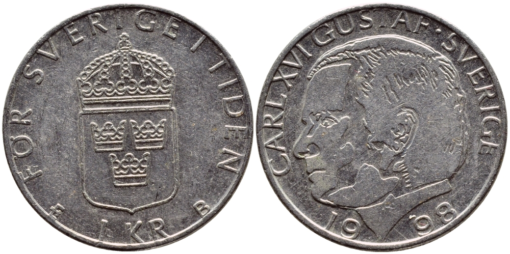 Швеция 1 крона 1998 Карл XVI Густав (1973- ) KM 852a медно-никель 4622-357