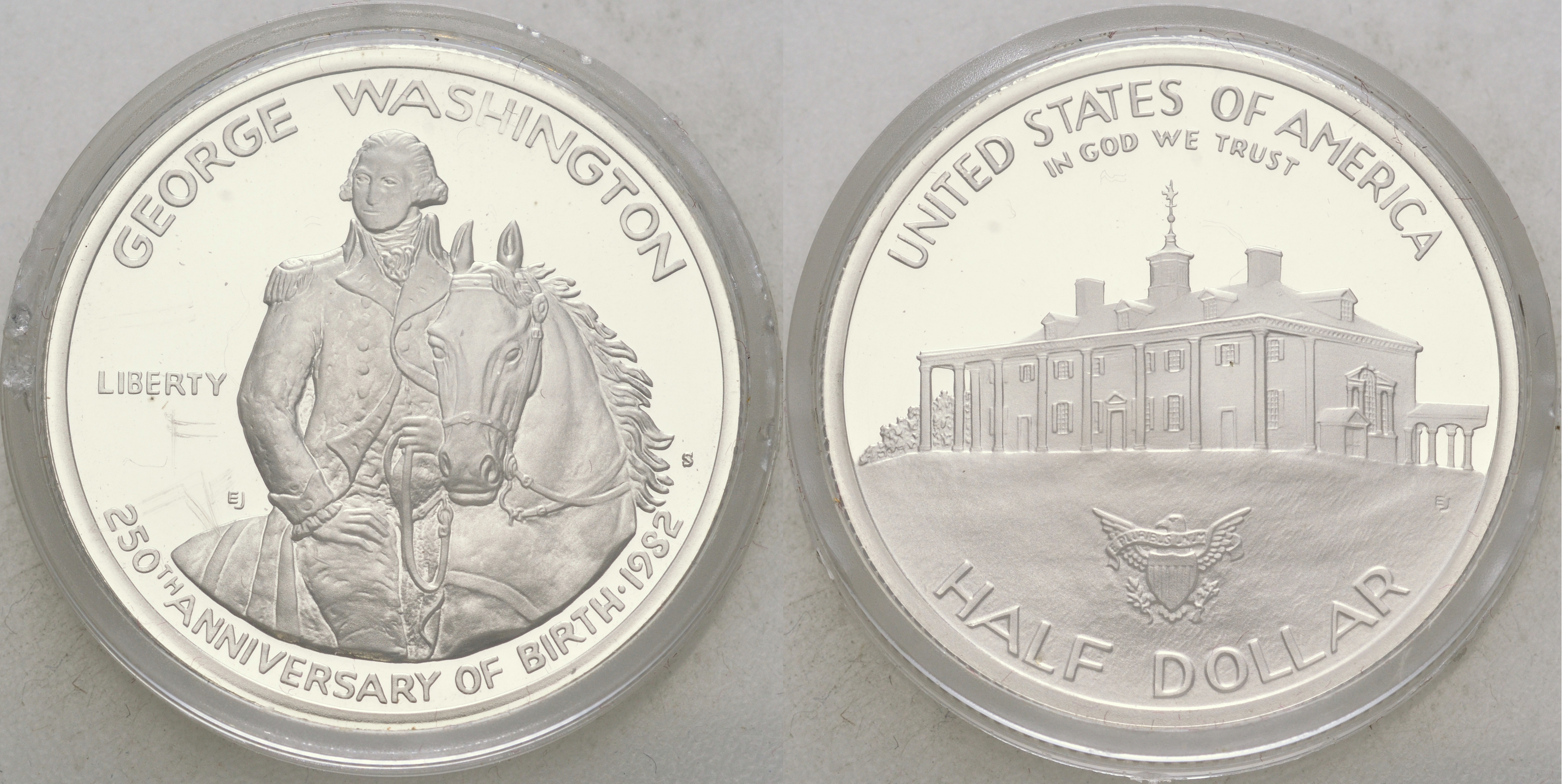США 1/2 доллара 1982 s, 250 лет со дня рождения Джорджа Вашингтона, в оригинальной упаковке, капсула KM 208 серебро PROOF 3-4-1-7