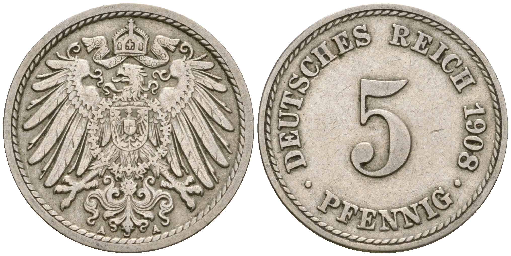 Германия 5 пфеннигов 1908 A KM 11, Jager 12, Weege 6 медно-никель 4364-3653