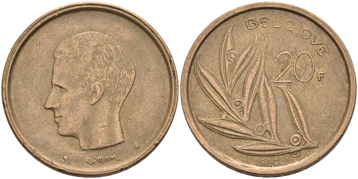 Бельгия 20 франков 1980 Belgique, Бодуэн I (1951-1993) KM 159 никель бронза 4126-213