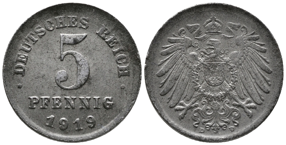 ГЕРМАНИЯ 5 ПФЕННИГОВ 1919 D KM 19, J. 297 железо 39-261