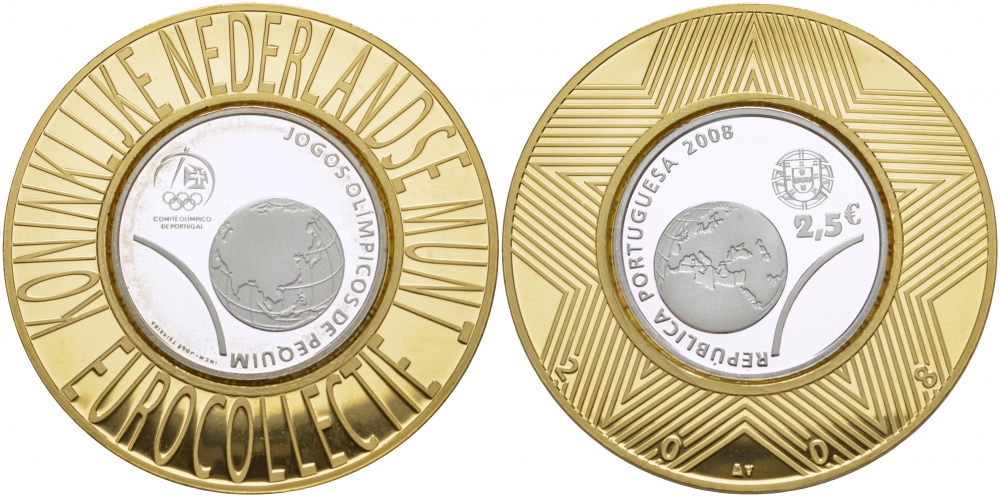 Португалия 2 1/2 евро 2008 XXIX Летние Олимпийские игры 2008 года в Пекине, земной шар, коллекция Нидерландского монетного двора KM 790a серебро PROOF 1068-8-13