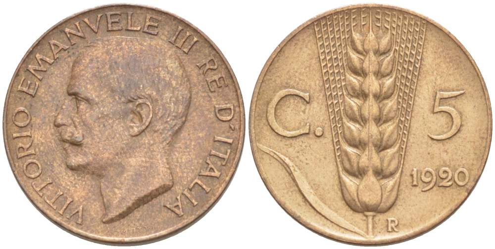 ИТАЛИЯ 5 ЧЕНТЕЗИМО 1920 R, МОНДВОР РИМ, ВИКТОР ЭММАНУИЛ III (1900-1946) KM 59 медь 4525-133