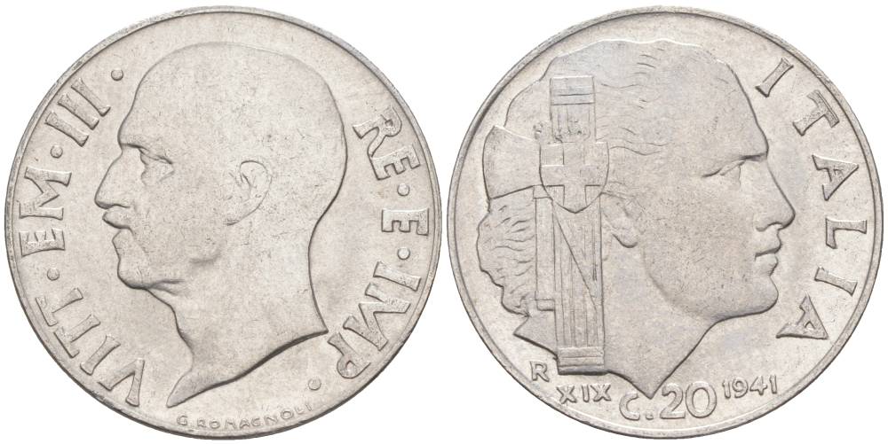 ИТАЛИЯ 20 ЧЕНТЕЗИМО 1941 R, ГОД XIX, ВИКТОР ЭММАНУИЛ III (1900-1946) KM 75b, VEM3. 1028 нержавеющая сталь 3853-1115