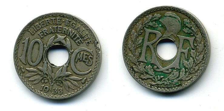 ФРАНЦИЯ 10 САНТИМОВ 1933 ТИП ЛИНДАЙЁ KM 866а медно-никель 84-329