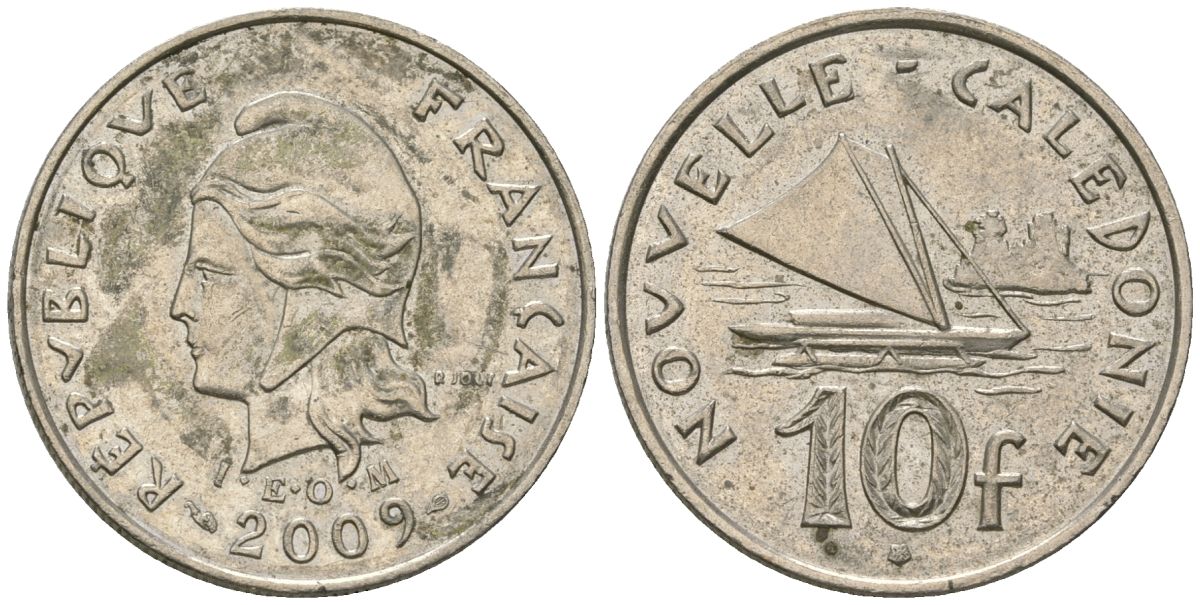 Французская Новая Каледония 10 франков 2009 рыбачья парусная лодка, (IEOM) KM 11a, Schoen 13a, Lec 99k медно-никель 62-1136