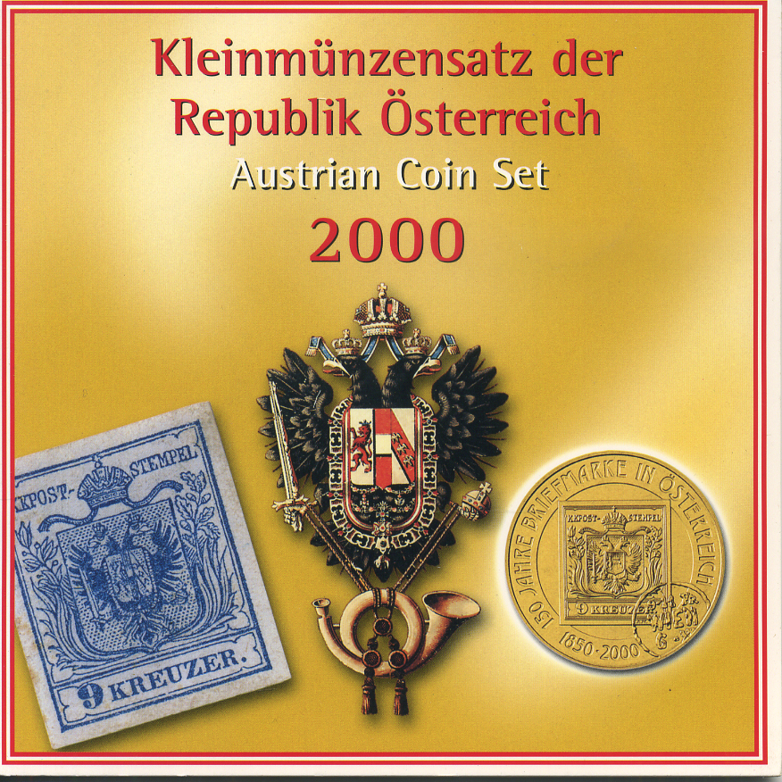 Австрия набор из 6 монет 2000 официальный набор, 10, 50 грошей, 1, 5, 10, 20 шиллингов 150 лет первой австрийской почтовой марке, в оригинальном картонном буклете KM MS 9 UNC 1-6-4-62