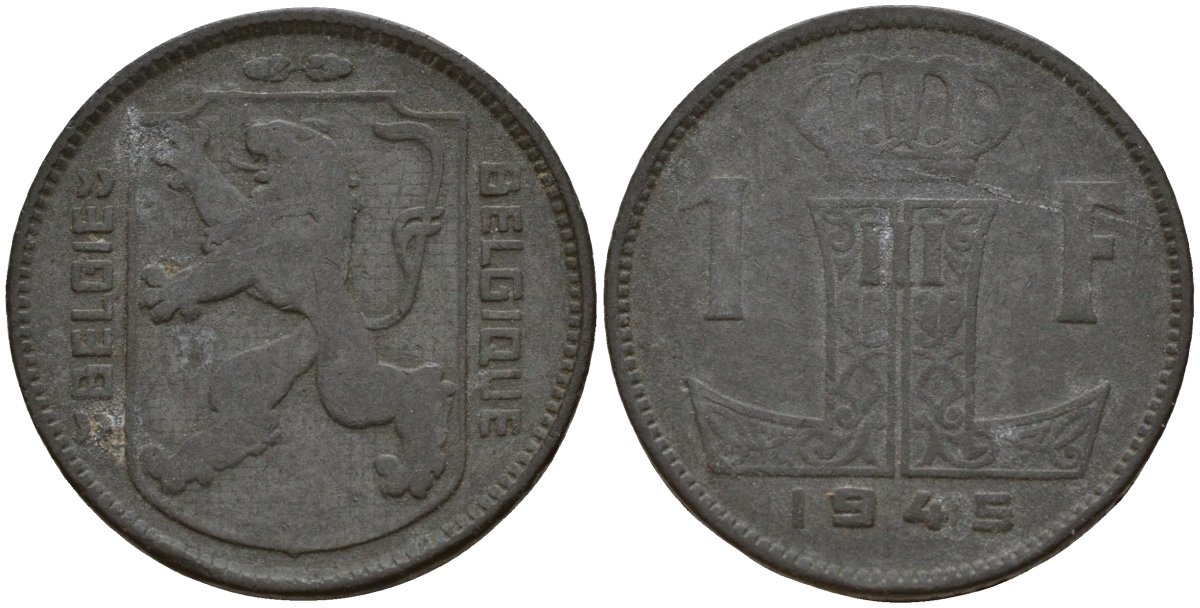 Бельгия 1 франк 1945 Belgie - Belgique, Леопольд III (1934-1947), германская оккупация, Вторая мировая война KM 128 цинк 4161-614