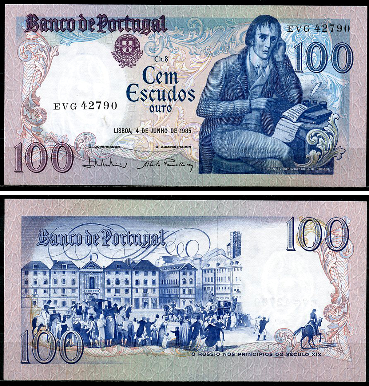 Португалия 100 эскудо 1985 Мануэл Мария Барбоза ду Бокаже, площадь Росиу в Лиссабоне до XIX века Pick 178 d (5)  бумага  UNC (пресс) 6294-76-2-1