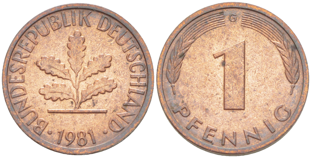 ФРГ 1 ПФЕННИГ 1981 G KM 105, J. 380 сталь плакированная медью 4181-644