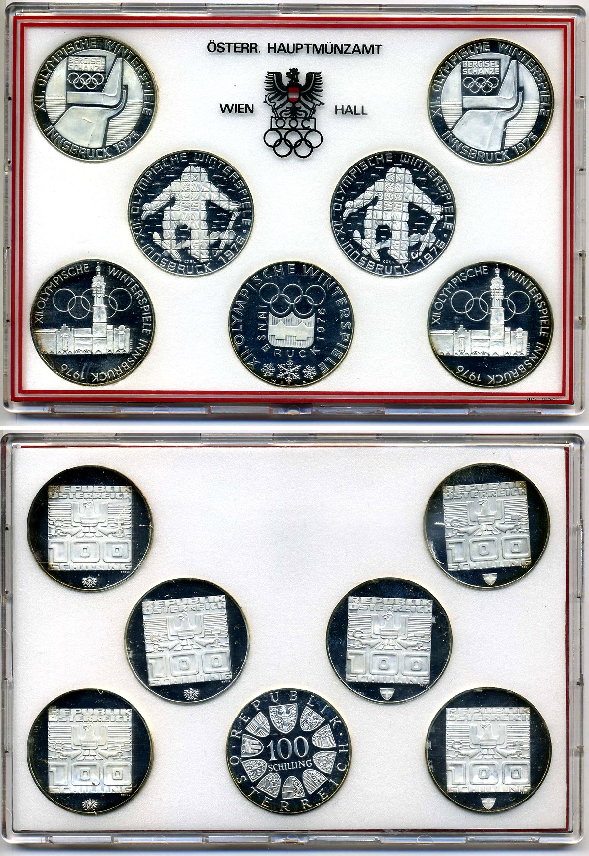 Австрия набор из 7 монет по 100 шиллингов 1974 олимпийские игры 1976 года в Инсбруке, два монетных двора , Вена (v) И Холл (h), в пластике и коробке KM 2926, 2927, 2928, 2929 серебро PROOF 3-4-8-21