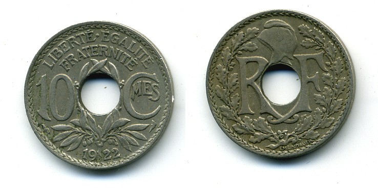 ФРАНЦИЯ 10 САНТИМОВ 1922 ТИП ЛИНДАЙЁ KM 866а медно-никель 84-328