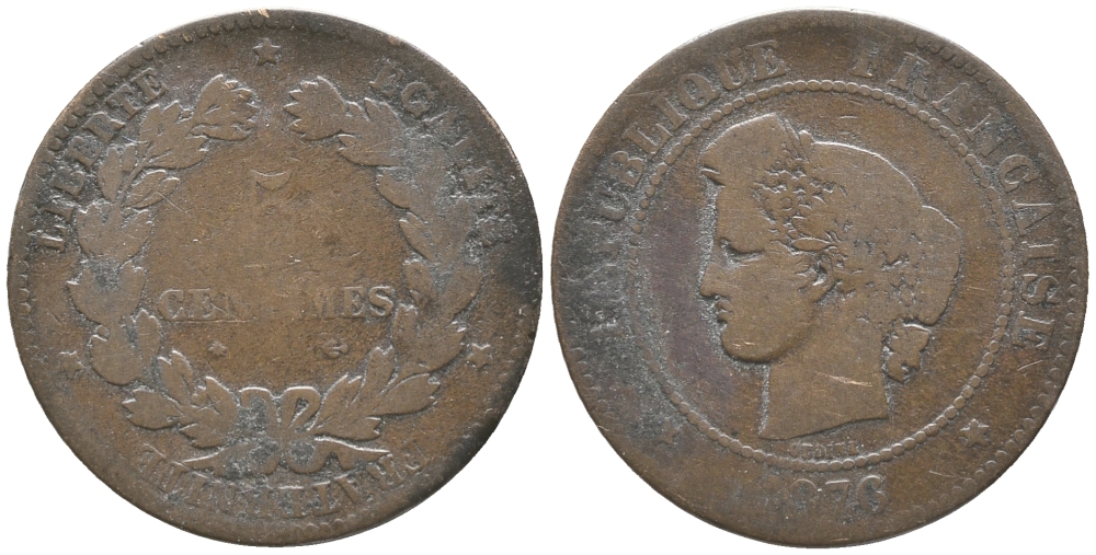 ФРАНЦИЯ 5 САНТИМОВ 1876 А, ТРЕТЬЯ РЕСПУБЛИКА (1871-1940) KM 821.1, LE FRANC 118.14 бронза 34-416