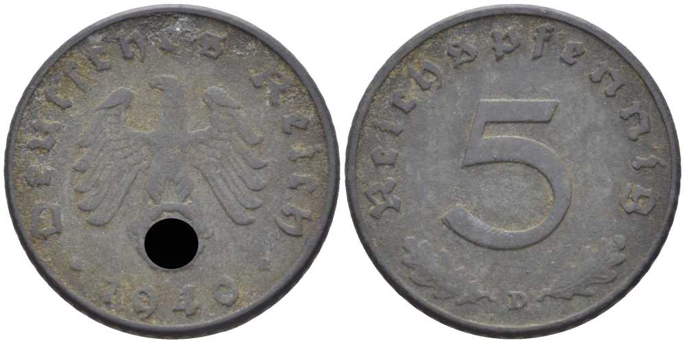 ГЕРМАНИЯ 5 РЕЙХСПФЕННИГОВ 1940 D KM 100, J. 370 цинк 105-224