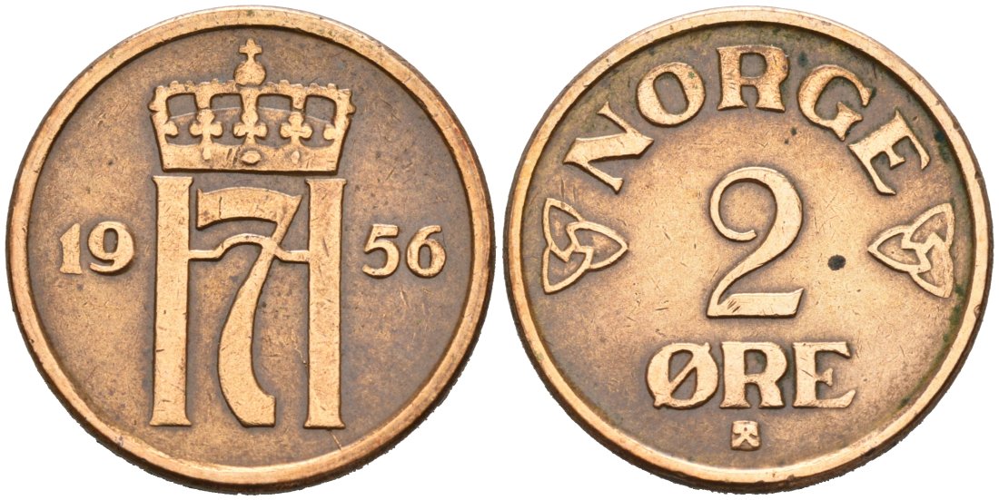 Норвегия 2 эре 1956 Хокон VII (1905-1957) KM 399 бронза 4571-353