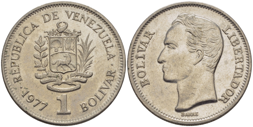 Венесуэла 1 боливар 1977 Симон Боливар KM 52 никель 31-541