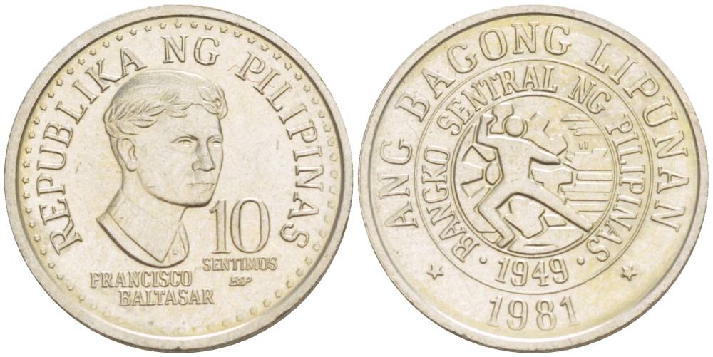ФИЛИППИНЫ 10 СЕНТИМО 1981 ФРАНСИСКО БАЛЬТАЗАР KM 226 медно-никель 4544-522