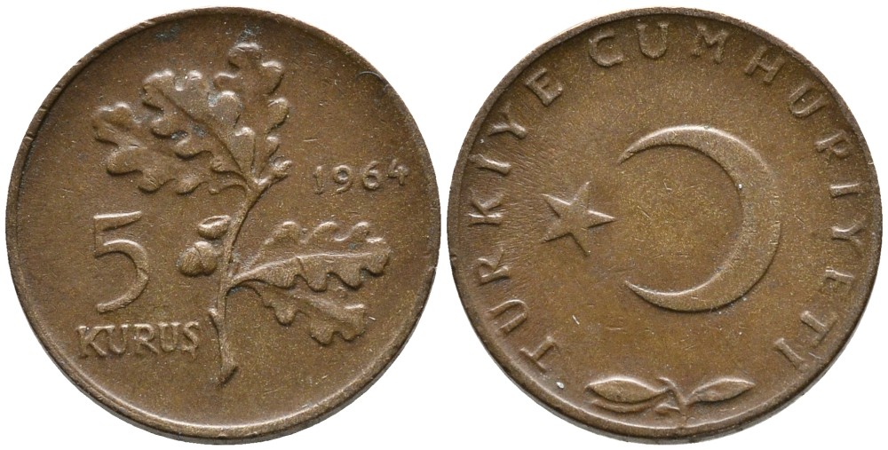 Турция 5 курушей 1964  KM 890.1 бронза     4532-663
