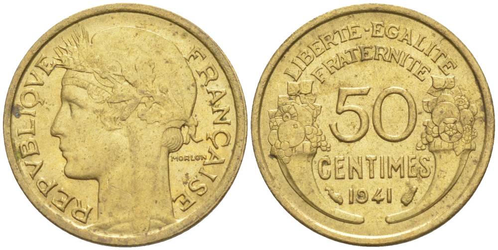 ФРАНЦИЯ 50 САНТИМОВ 1941 ТИП MORLON KM 894.1, LE FRANC 192.18 алюминиевая бронза 44-557