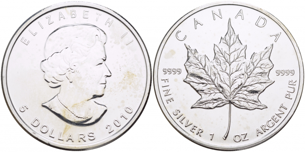 Канада 5 долларов 2010 кленовый лист KM 625 серебро UNC 1082-2-64