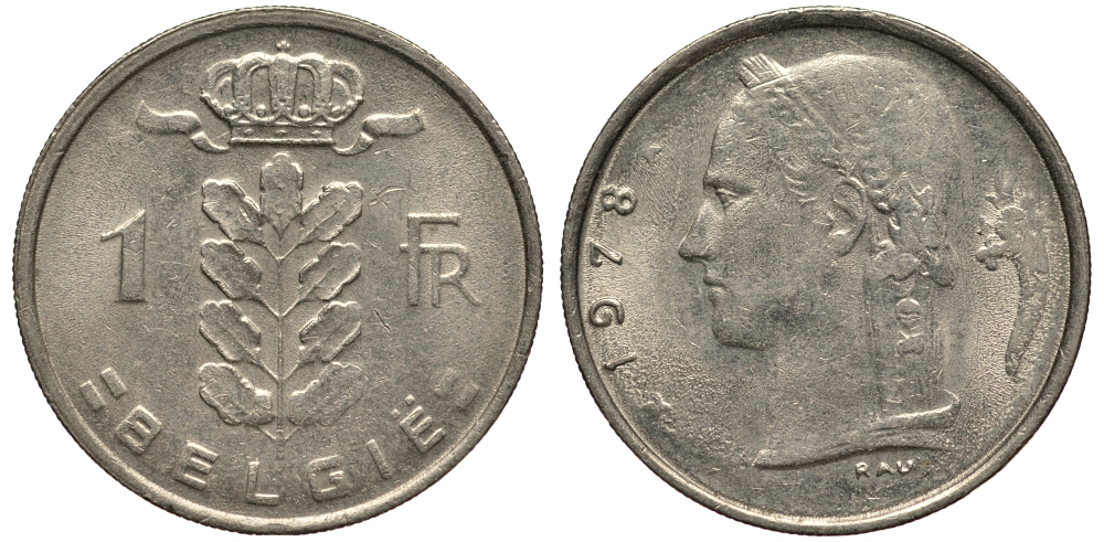 БЕЛЬГИЯ 1 ФРАНК 1978 BELGIE KM 143.1 медно-никель 4182-226