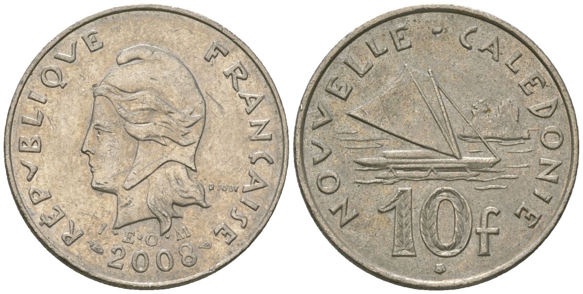 Французская Новая Каледония 10 франков 2008 рыбачья парусная лодка, (IEOM) KM 11a, Schoen 13a, Lec 99k медно-никель 60-843