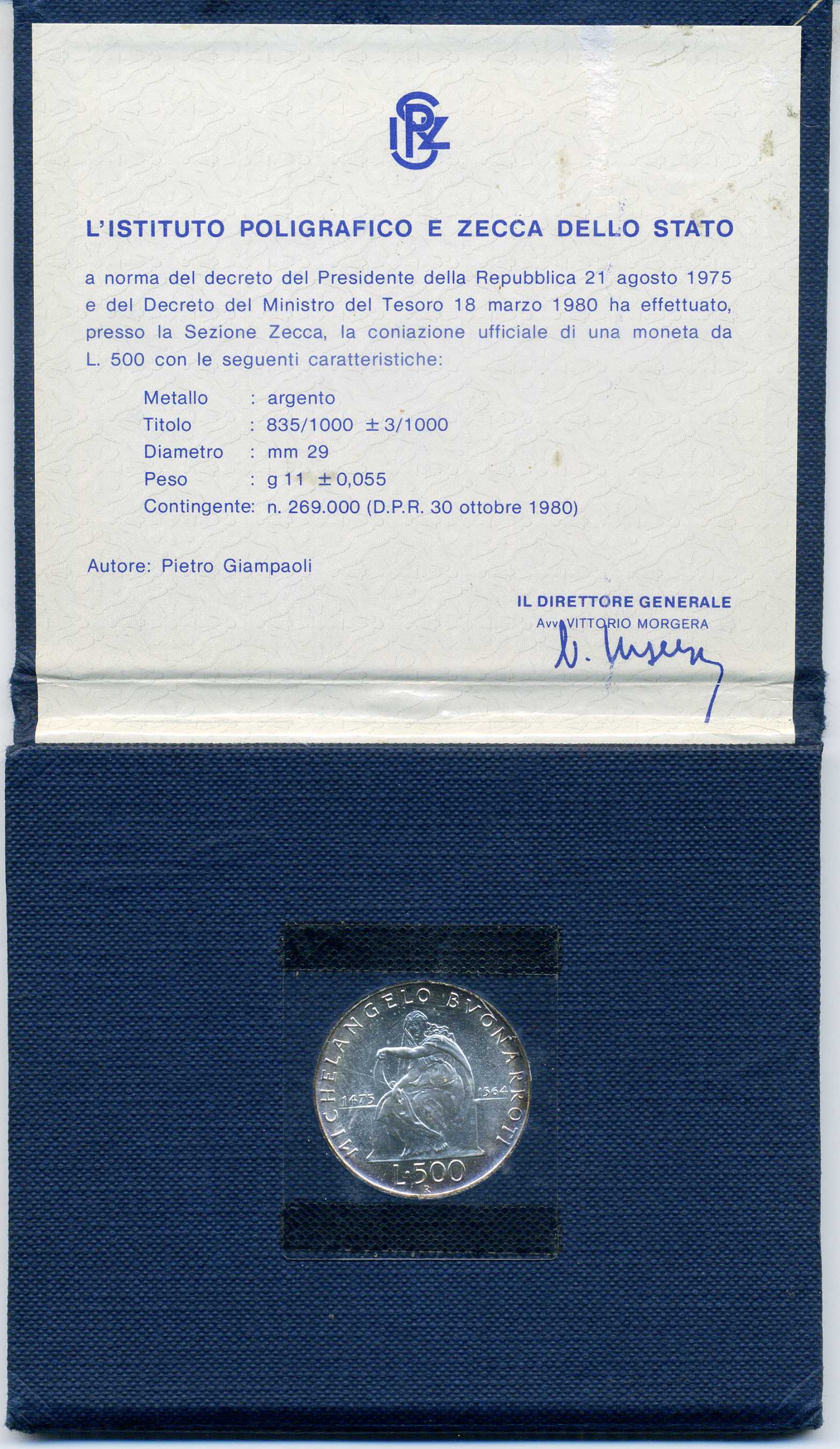 Италия 500 лир 1975 R, 500 лет со дня рождения Микеланджело Буонарроти, в оригинальной коробке, с сертификатом KM 104 серебро UNC 3-4-10-07