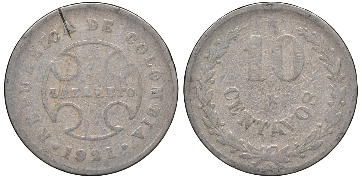 Колумбия 10 сентаво 1921 государственный лепрозорий KM L12 медно-никель 53-436