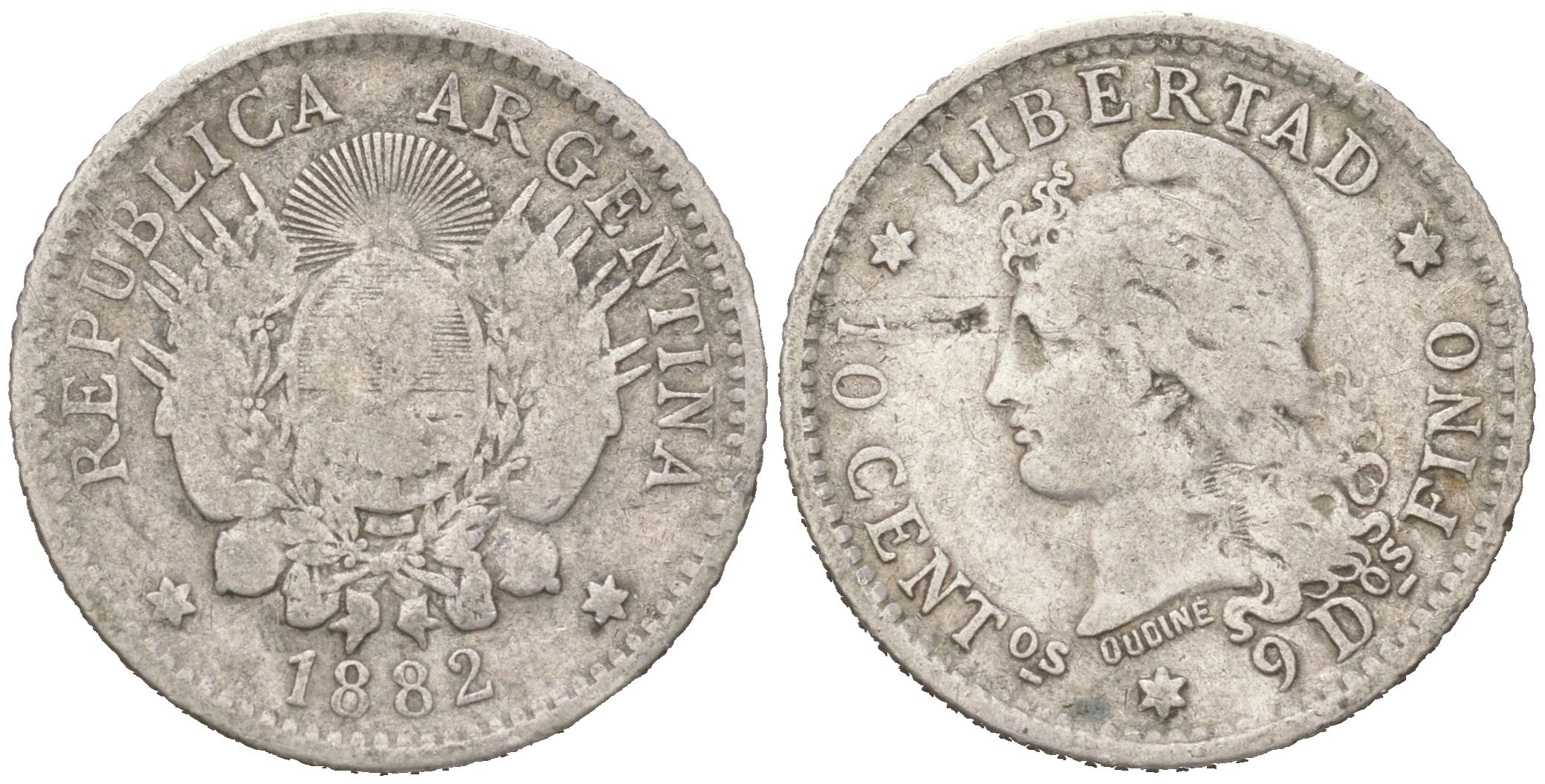 Аргентина 10 сентаво 1882 KM 26 серебро 4621-1042
