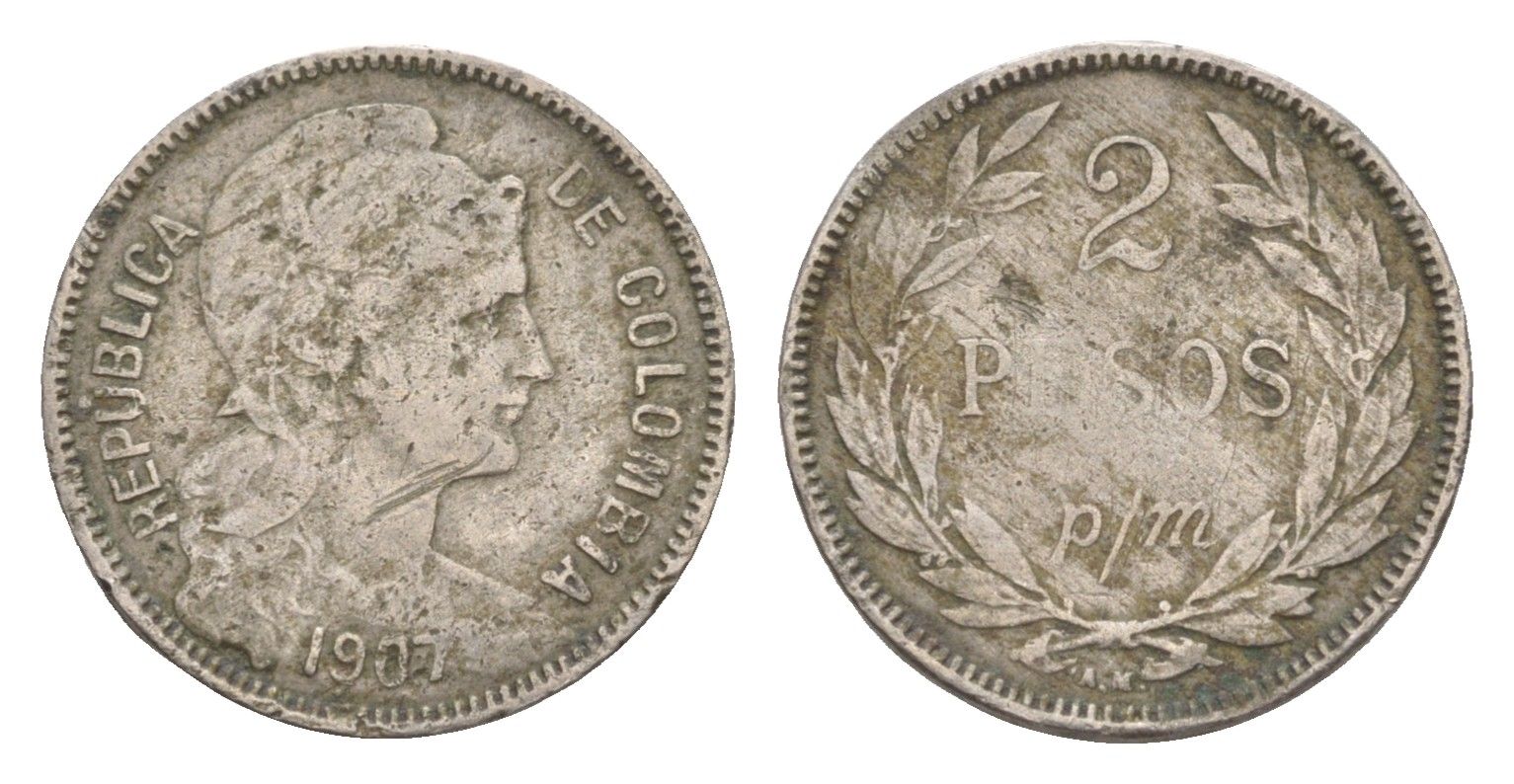 Колумбия 2 песо (papel moneda) 1907 KM B279 медно-никель 4651-942
