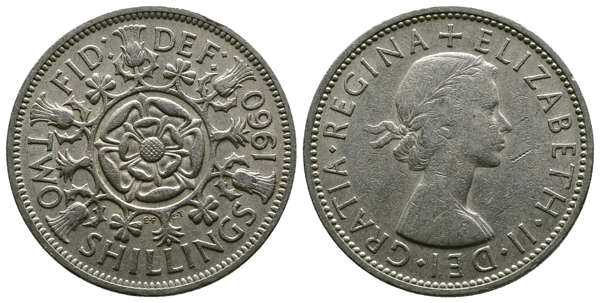 Великобритания 2 шиллинга (флорин) 1960 Елизавета II (1952-2022) KM 906, Spink 4146 медно-никель 4382-232