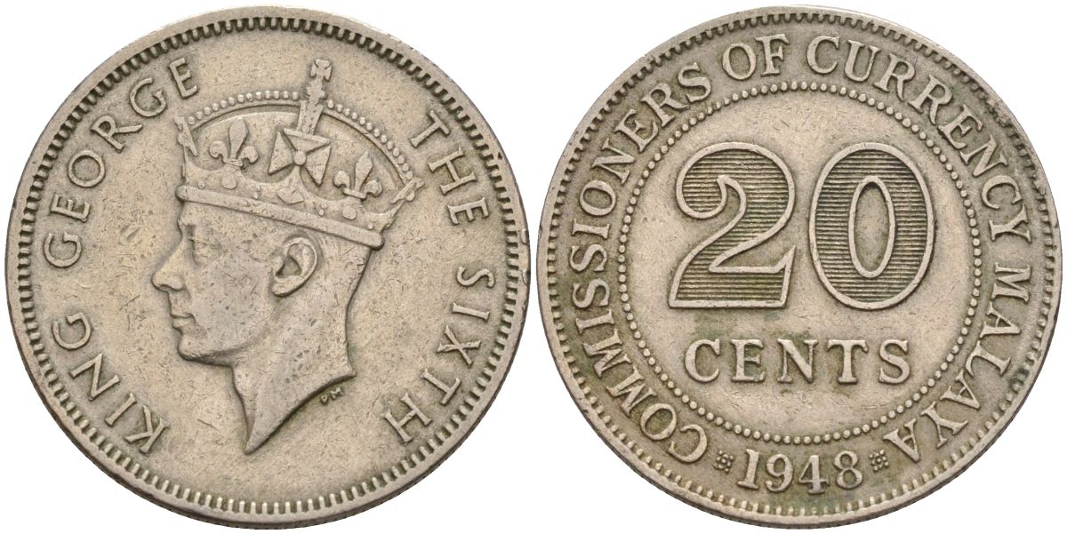 Британская Малайя 20 центов 1948 Георг VI (1937-1952) KM 9 медно-никель 4153-532