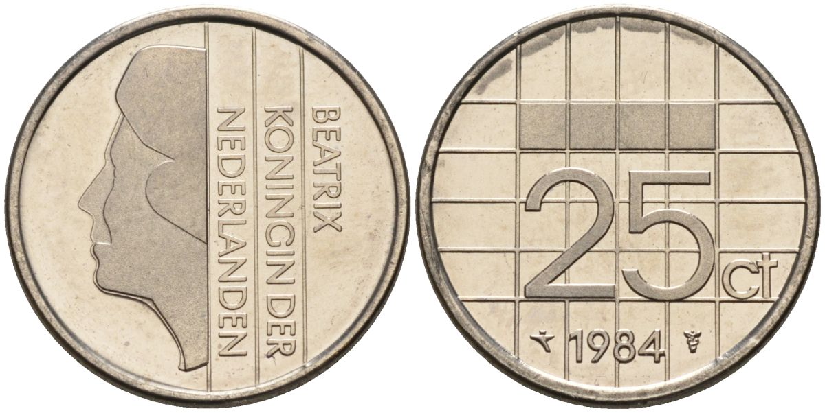 Нидерланды 25 центов 1984 Беатрикс (1980-2013) KM 204 никель UNC 4588-854