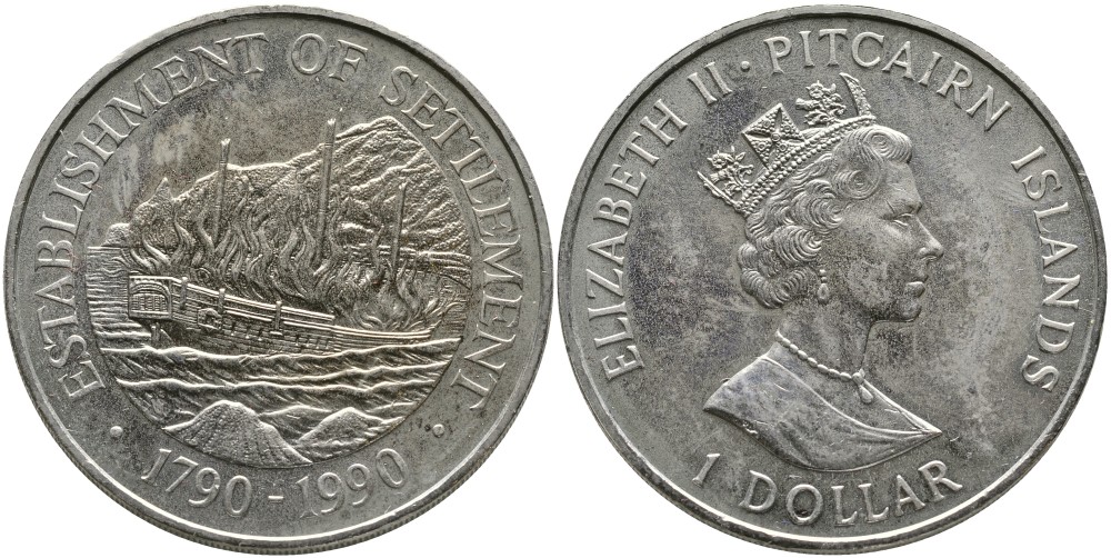 ОСТРОВ ПИТКЕРН 1 ДОЛЛАР 1990 ПЫЛАЮЩИЙ ПАРУСНИК БАУНТИ, 200 ЛЕТ ПЕРВЫМ ПОСЕЛЕНИЯМ (1790-1990) KM 7 медно-никель 4527-923