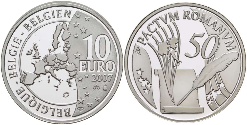 Бельгия 10 евро 2007 50 лет Римскому договору KM 260 серебро PROOF 02-040-35