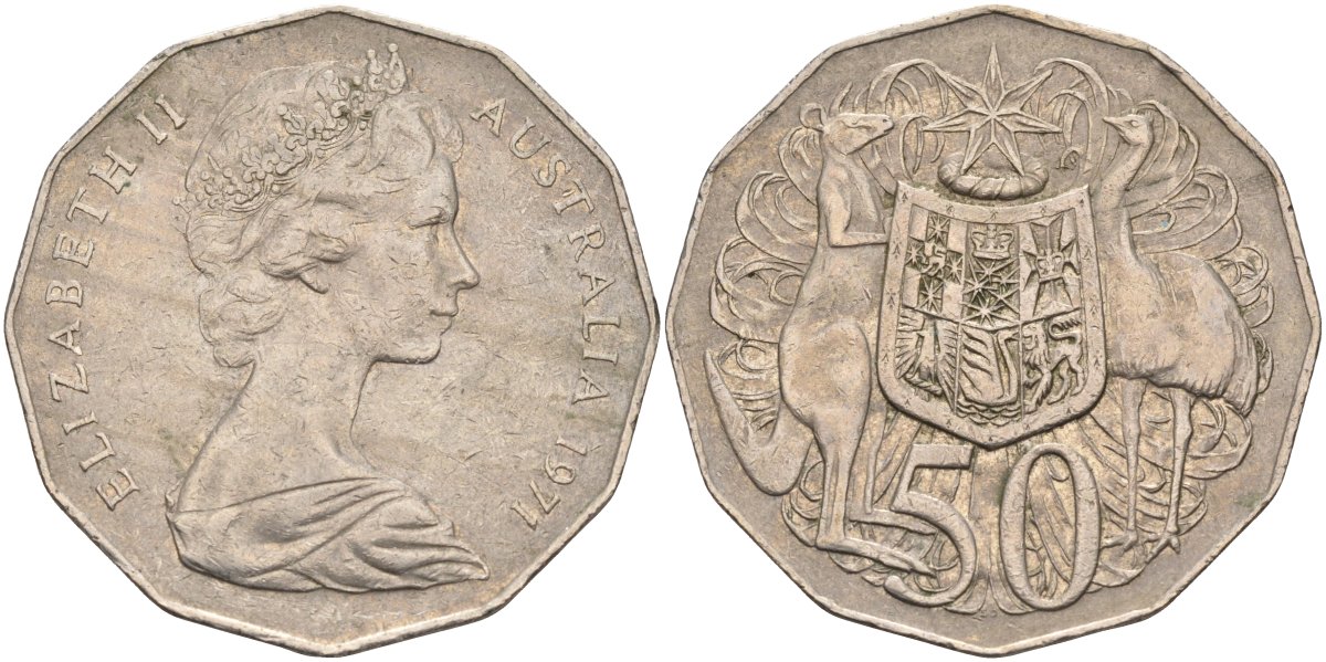 Австралия 50 центов 1971 Елизавета II (1952-2022), герб Австралии, кенгуру KM 68 медно-никель 4131-646
