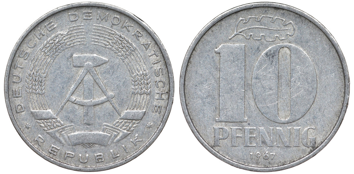 ГДР 10 ПФЕННИГОВ 1967 А алюминий 62-742