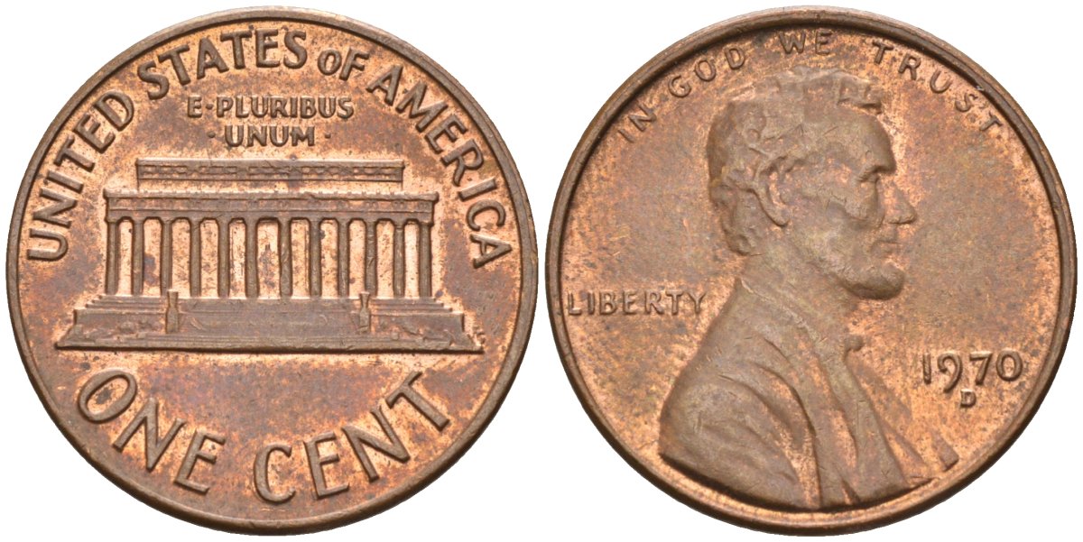 США 1 цент 1970 D, Линкольн KM 201 медь цинк 4115-864