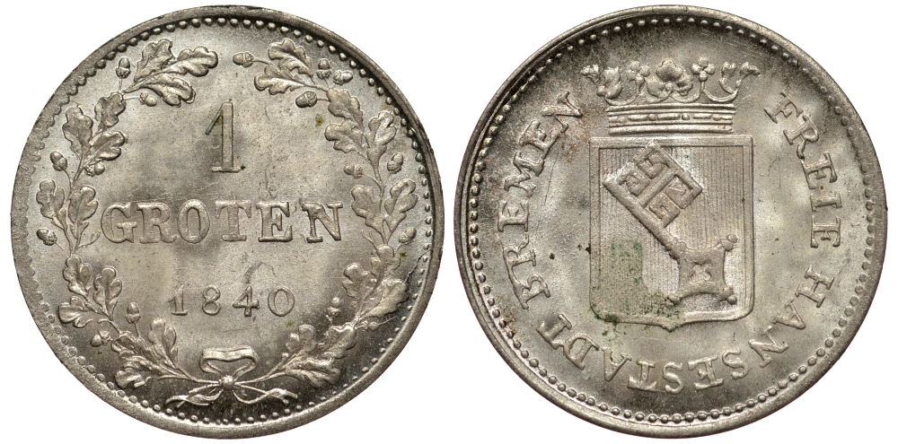 Бремен 1 грош 1840 KM 230, AKS 8 серебро UNC 00-00