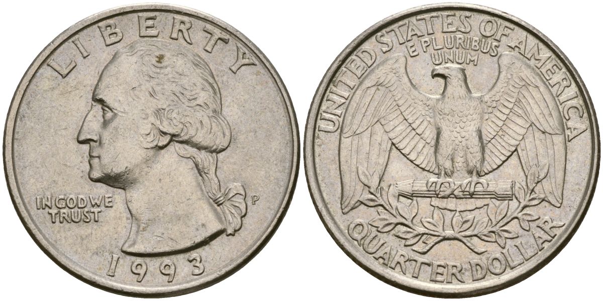 США 25 центов (квотер) 1993 P, Вашингтон KM А164а медь плакированная медно-никелем 183-243