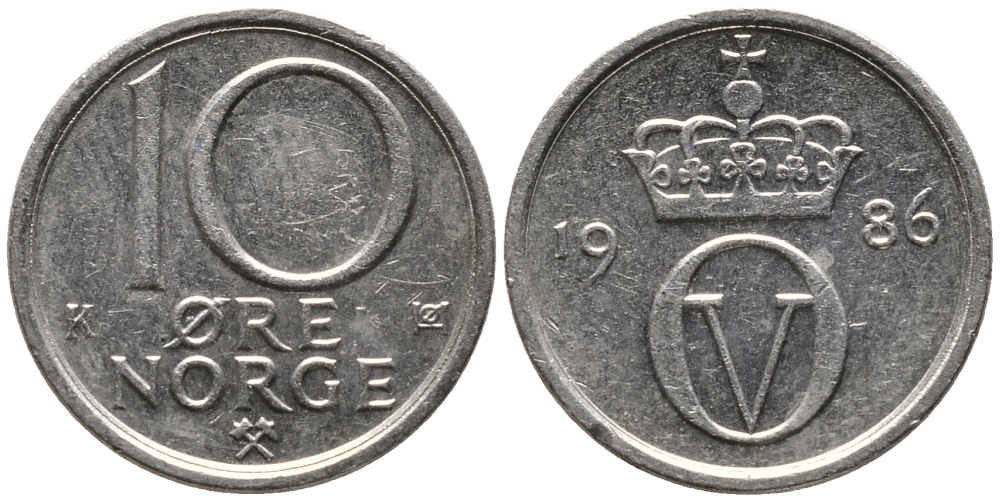 НОРВЕГИЯ 10 ЭРЕ 1986 УЛАФ V (1957-1991) KM 416 медно-никель 100-724
