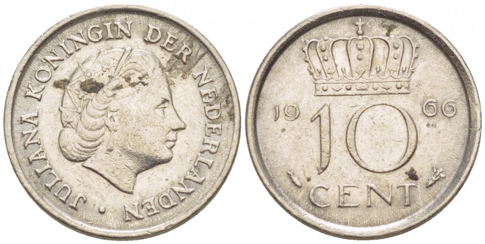 НИДЕРЛАНДЫ 10 ЦЕНТОВ 1966 ЮЛИАНА KM 182 никель 4547-838