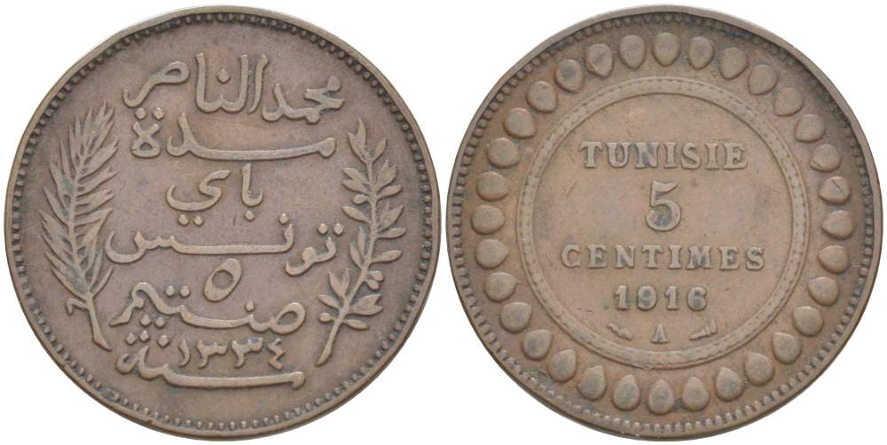 Тунис 5 сантимов 1916 A KM 235 бронза     4523-756