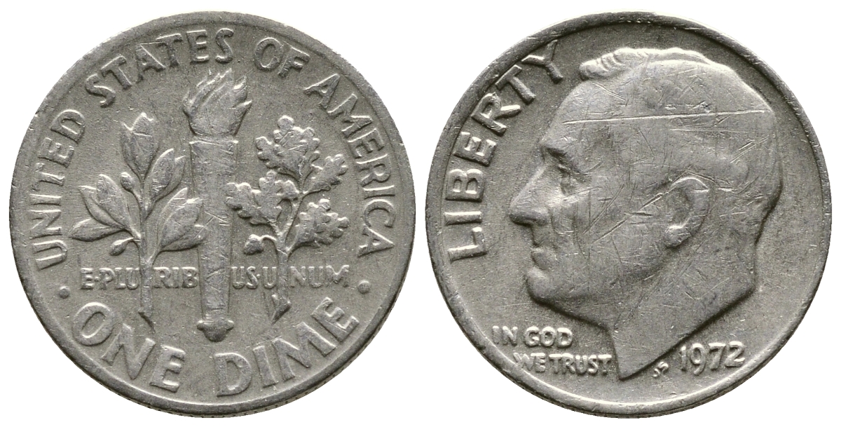 США 10 ЦЕНТОВ = 1 ДАЙМ 1972 РУЗВЕЛЬТ KM 195а медь плакированная медно-никелем 73-647