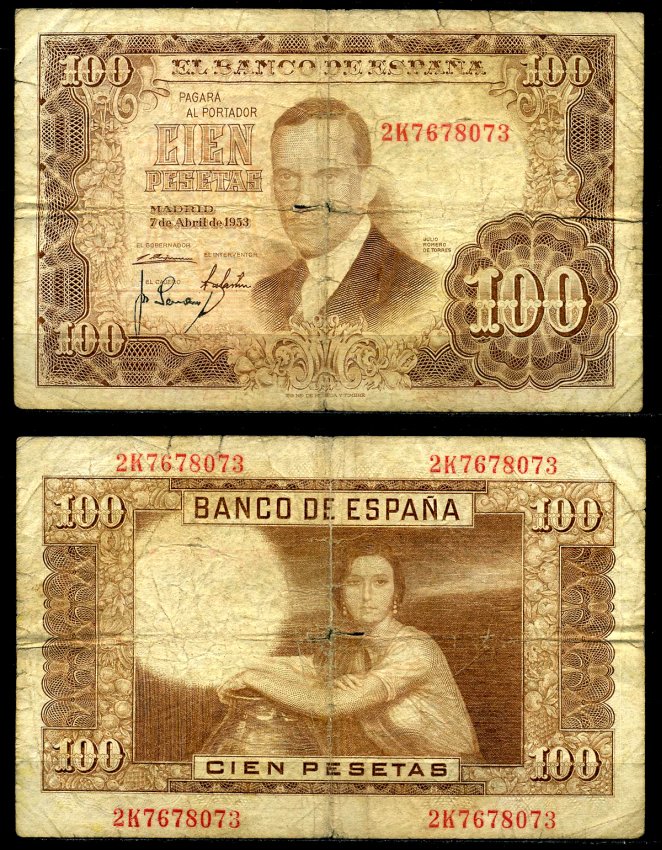 Испания 100 песет 1953 7 апреля 1953, Хулио Ромеро де Торрес Pick 145а бумага 8617-17-2-2