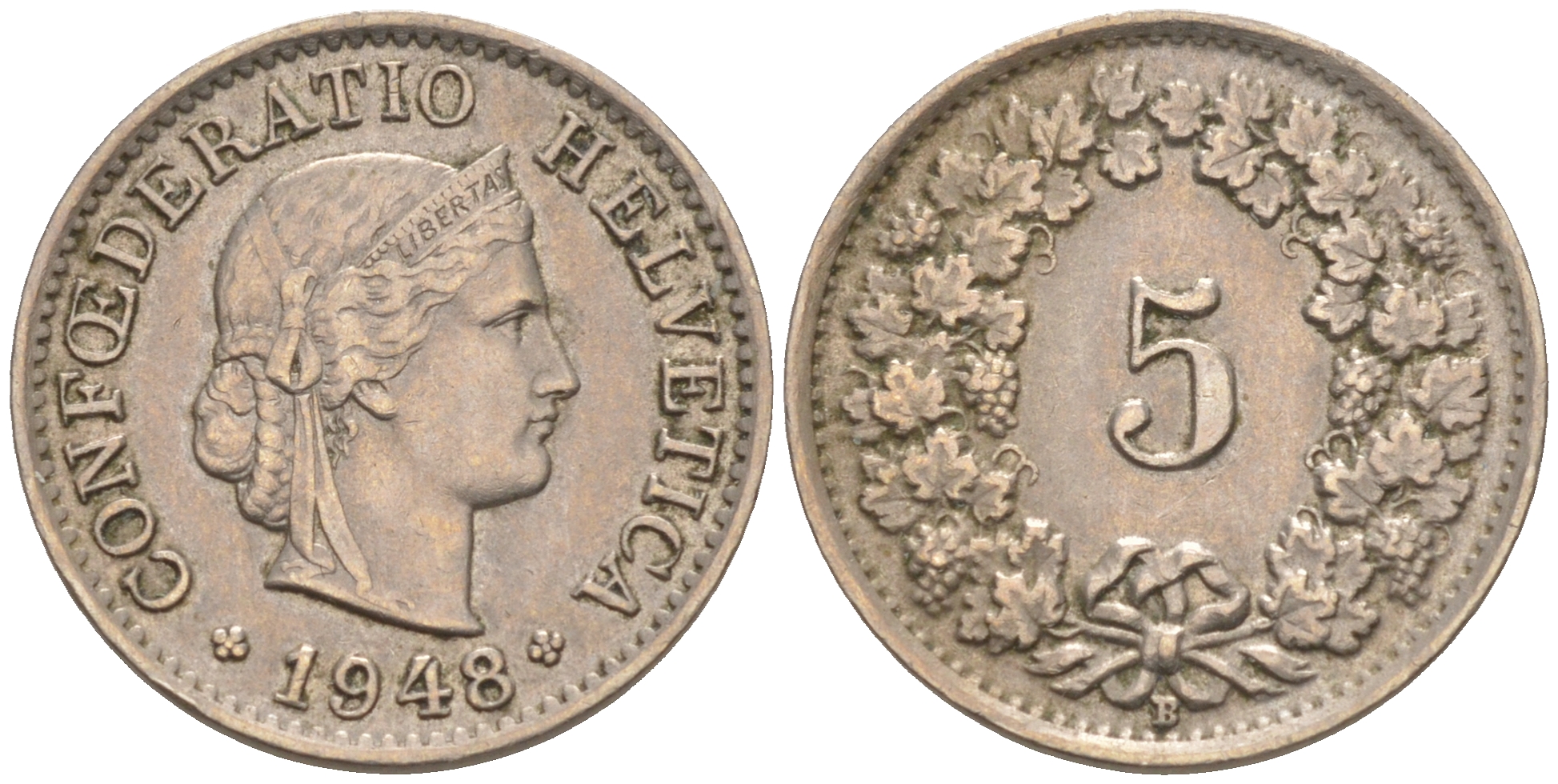 ШВЕЙЦАРИЯ 5 РАППЕНОВ 1948 B KM 26 медно-никель 188-359