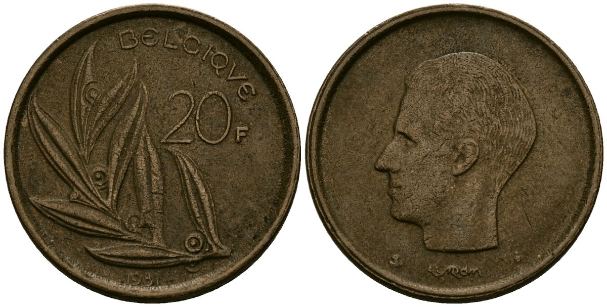 Бельгия 20 франков 1981 KM 159 никель бронза 4577-1257
