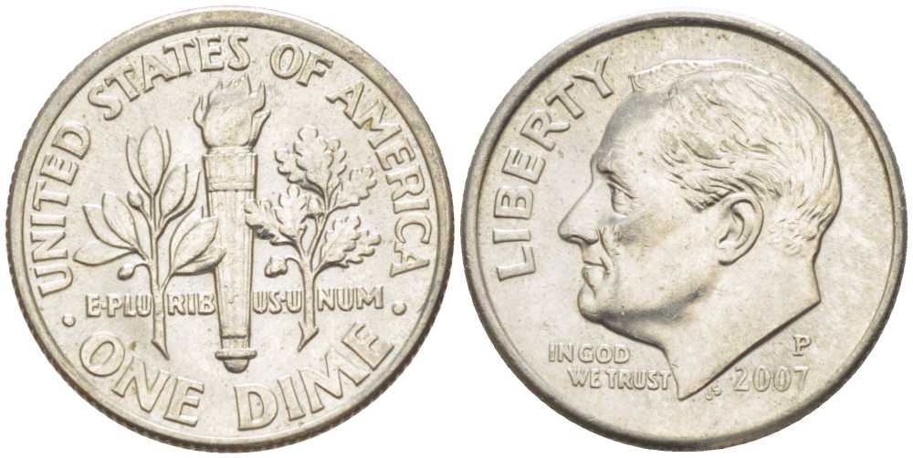 США 10 ЦЕНТОВ = 1 ДАЙМ 2007 Р, РУЗВЕЛЬТ KM 195а медь плакированная медно-никелем 211-1146